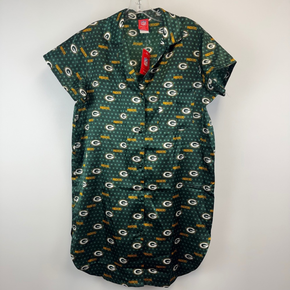 NFL Green Bay‎ Packers Womens M Satin Nightshirt Button Front Sleep Shirt NWT
